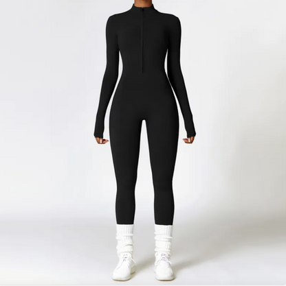 Women's Long-Sleeve Yoga Jumpsuit with Front Zipper – Moisture-Wicking Fitness Suit, S–XL