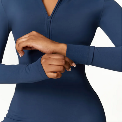Women's Long-Sleeve Yoga Jumpsuit with Front Zipper – Moisture-Wicking Fitness Suit, S–XL