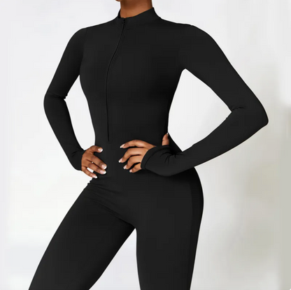 Women's Long-Sleeve Yoga Jumpsuit with Front Zipper – Moisture-Wicking Fitness Suit, S–XL