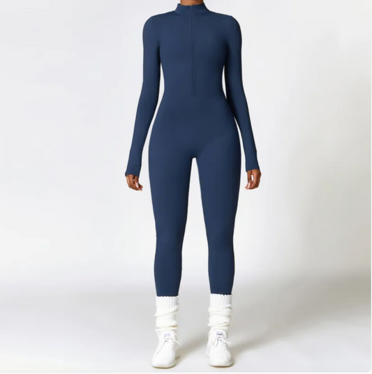 Women's Long-Sleeve Yoga Jumpsuit with Front Zipper – Moisture-Wicking Fitness Suit, S–XL