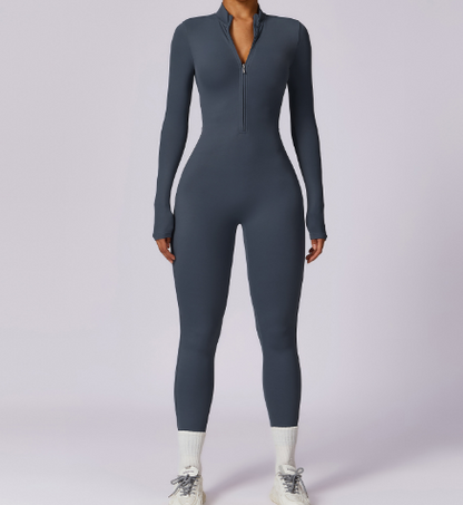 Women's Long-Sleeve Yoga Jumpsuit with Front Zipper – Moisture-Wicking Fitness Suit, S–XL