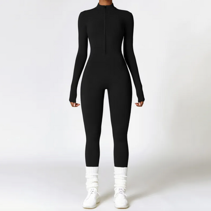 Women's Long-Sleeve Yoga Jumpsuit with Front Zipper – Moisture-Wicking Fitness Suit, S–XL